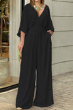 Elegant Solid Fold V Neck Loose Jumpsuits(3 Colors)