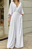 Elegant Solid Fold V Neck Loose Jumpsuits(3 Colors)