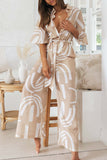 Casual Geometric Print Frenulum Turndown Collar Loose Jumpsuits