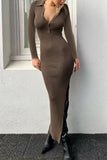 Elegant Solid Buttons Slit Turndown Collar One Step Skirt Dresses(6 Colors)