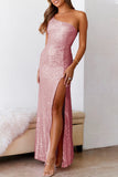 Sexy Formal Solid Sequins Slit Oblique Collar Evening Dresses(6 Colors)