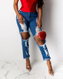 dasiuip Hole Blue Ripped Straight Leg Jeans