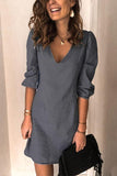 dasiuip Casual V Neck Elastic Cuff Sleeve Mini Dress(4 Colors)