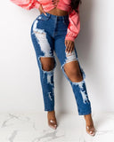 dasiuip Hole Blue Ripped Straight Leg Jeans