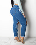 dasiuip Hole Blue Ripped Straight Leg Jeans