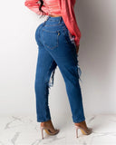 dasiuip Hole Blue Ripped Straight Leg Jeans