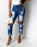 dasiuip Hole Blue Ripped Straight Leg Jeans