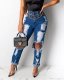 dasiuip Hole Blue Ripped Straight Leg Jeans