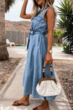 dasiuip Sleeveless Lace-Up Single-Breasted Denim Midi Dress