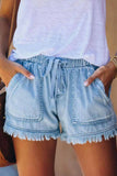 dasiuip Lace-up Fringed Thin Denim Shorts