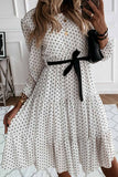 dasiuip Elegant Dot Print Round Neck Tie Midi Dress