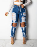 dasiuip Hole Blue Ripped Straight Leg Jeans