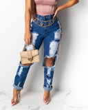 dasiuip Hole Blue Ripped Straight Leg Jeans