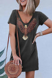 dasiuip Loose V-Neck Eagle Print Short Sleeves Mini Dress