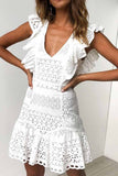 dasiuip Hollow Out Lace Ruffles Solid Mini Dress